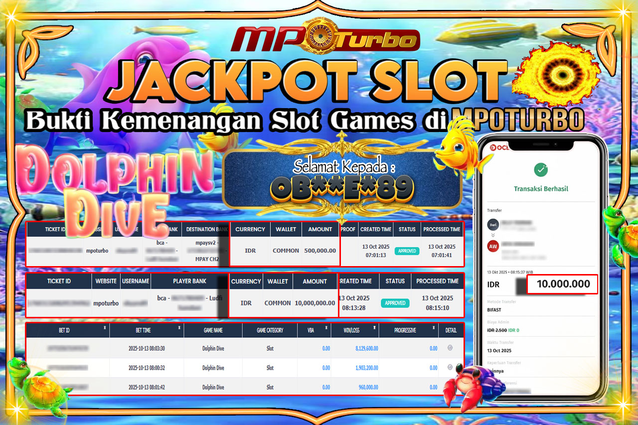 MPOTURBO JACKPOT SLOT DOLPHINE DIVE - NEXT SPIN Rp 10,000,000.00,- LUNAS